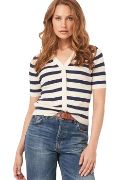 Repeat Cashmere Short Sleeve Rib Knit Striped Cardigan in Ivory