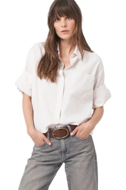 Repeat Cashmere Striped Shirt with Turn Up Cuffs in Beige