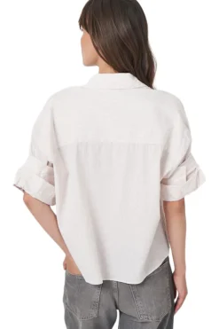 Repeat Cashmere Striped Shirt with Turn Up Cuffs in Beige