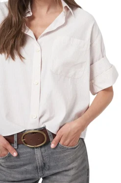 Repeat Cashmere Striped Shirt with Turn Up Cuffs in Beige