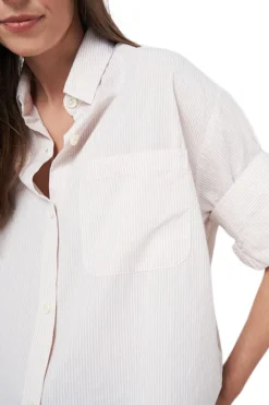 Repeat Cashmere Striped Shirt with Turn Up Cuffs in Beige