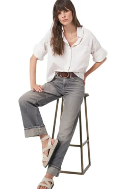 Repeat Cashmere Striped Shirt with Turn Up Cuffs in Beige