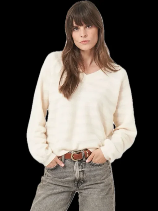 Repeat Cashmere V-neck Sweater with Textured Wavy Stripes in Vanilla