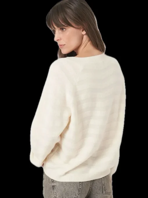 Repeat Cashmere V-neck Sweater with Textured Wavy Stripes in Vanilla