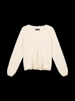 Repeat Cashmere V-neck Sweater with Textured Wavy Stripes in Vanilla