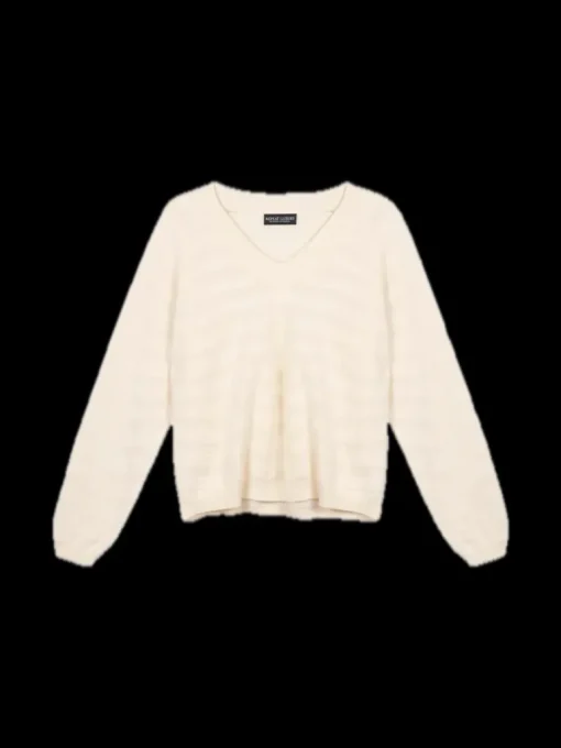 Repeat Cashmere V-neck Sweater with Textured Wavy Stripes in Vanilla