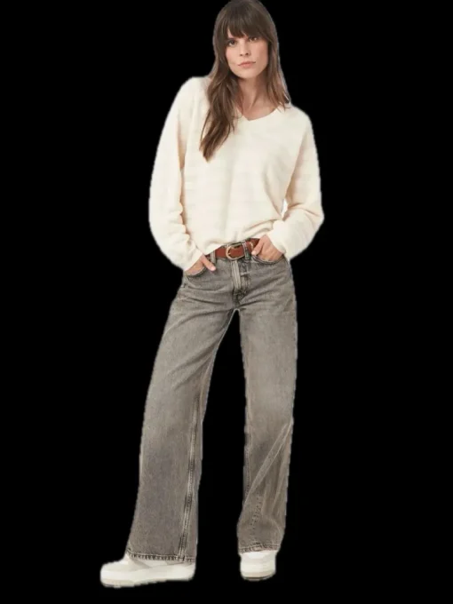 Repeat Cashmere V-neck Sweater with Textured Wavy Stripes in Vanilla