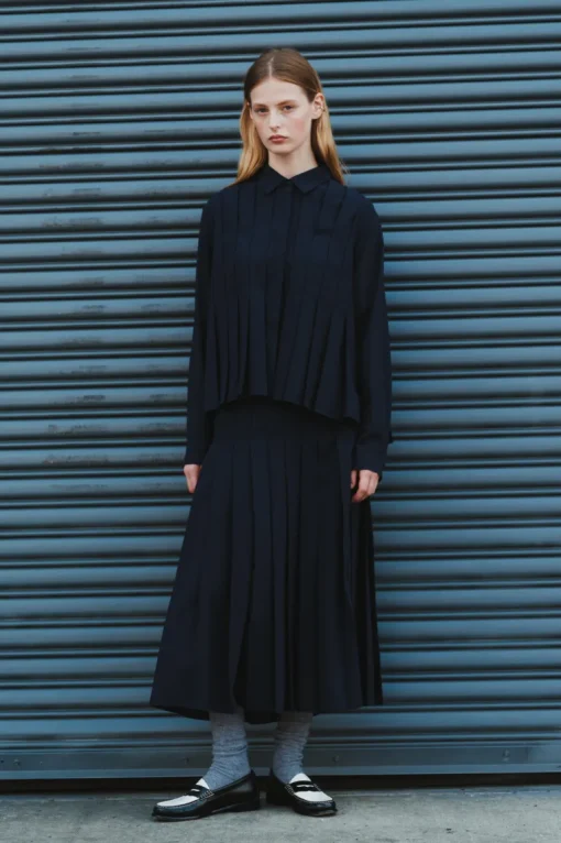 Saint Art Lakelyn Pleated Midi Skirt in Navy