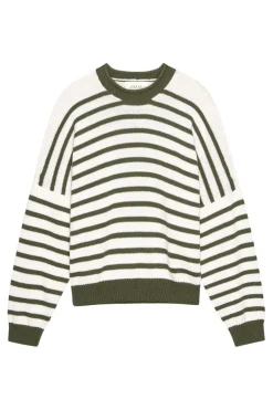 The Great Rollneck Pullover in Olive and Cream Stripe