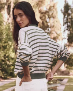 The Great Rollneck Pullover in Olive and Cream Stripe