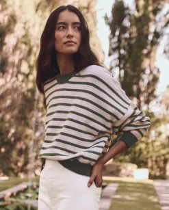 The Great Rollneck Pullover in Olive and Cream Stripe