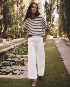 The Great Rollneck Pullover in Olive and Cream Stripe