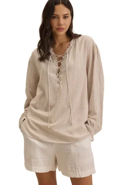 Velvet Deara Cotton Blend Striped Blouse in Oatmeal