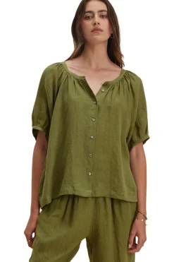 Velvet Jaimi Woven Linen Top in Sap