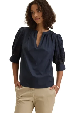 Velvet Laria Sunflower Embroidered Top in Navy