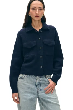 White & Warren Cashmere Cropped Shacket in Deep Navy