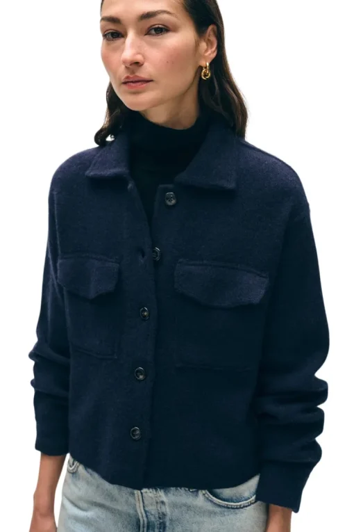 White & Warren Cashmere Cropped Shacket in Deep Navy