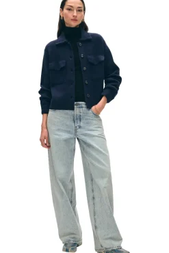 White & Warren Cashmere Cropped Shacket in Deep Navy