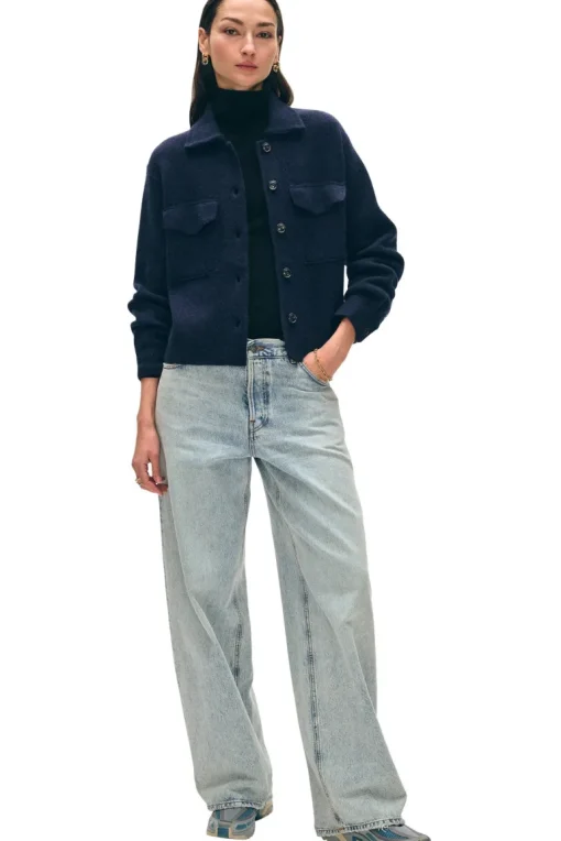 White & Warren Cashmere Cropped Shacket in Deep Navy