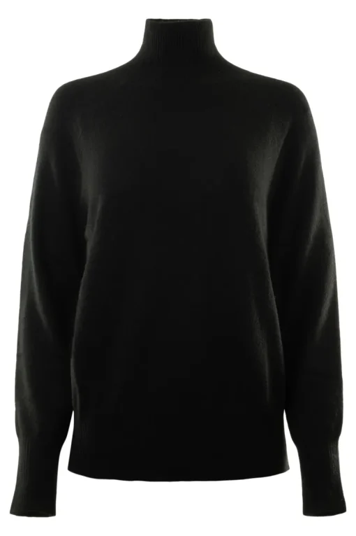 White & Warren Cashmere Rib Trim Standneck in Black