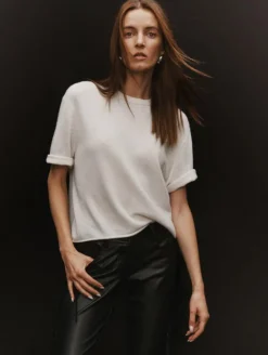 White & Warren Cashmere Roll Trim T-shirt in Soft White