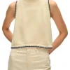 White & Warren Organic Cotton Blanket Trim Tank in Ivory - Navy