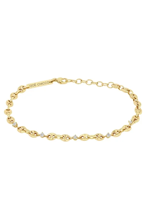 Zoe Chicco 5 Prong Diamond Small Puffed Mariner Chain Bracelet in 14k Yellow Gold