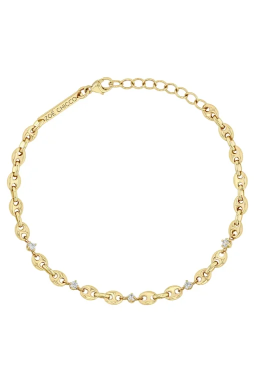 Zoe Chicco 5 Prong Diamond Small Puffed Mariner Chain Bracelet in 14k Yellow Gold
