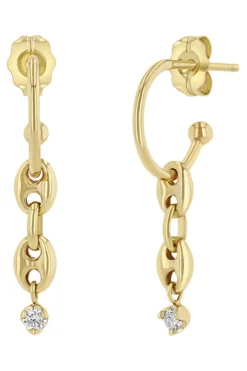 Zoe Chicco Dangling Diamond & Puffed Mariner Chain Thin Huggie Hoops in 14k Yellow Gold