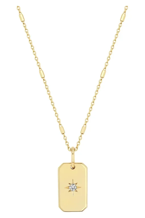 Zoe Chicco Diamond Small Square Edge Dog Tag Necklace in Yellow Gold