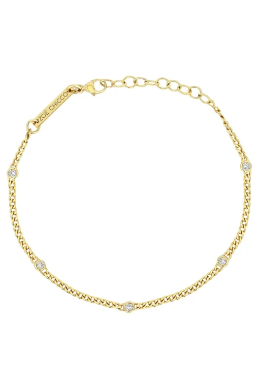Zoe Chicco Extra Small Curb Chain Bracelet with 5 Floating Diamonds in 14k Yellow Gold