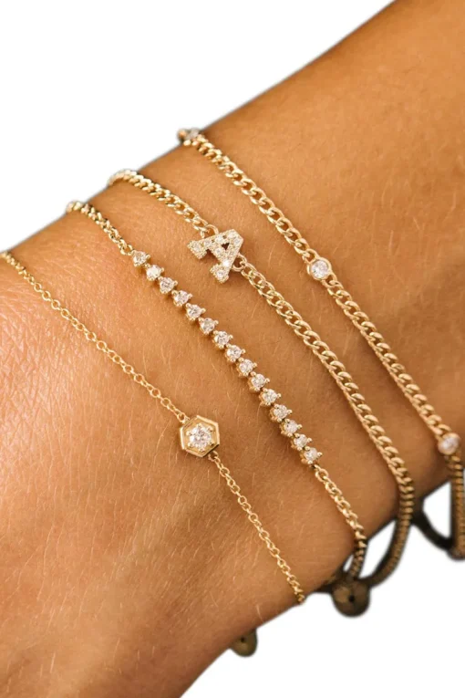 Zoe Chicco Extra Small Curb Chain Bracelet with 5 Floating Diamonds in 14k Yellow Gold