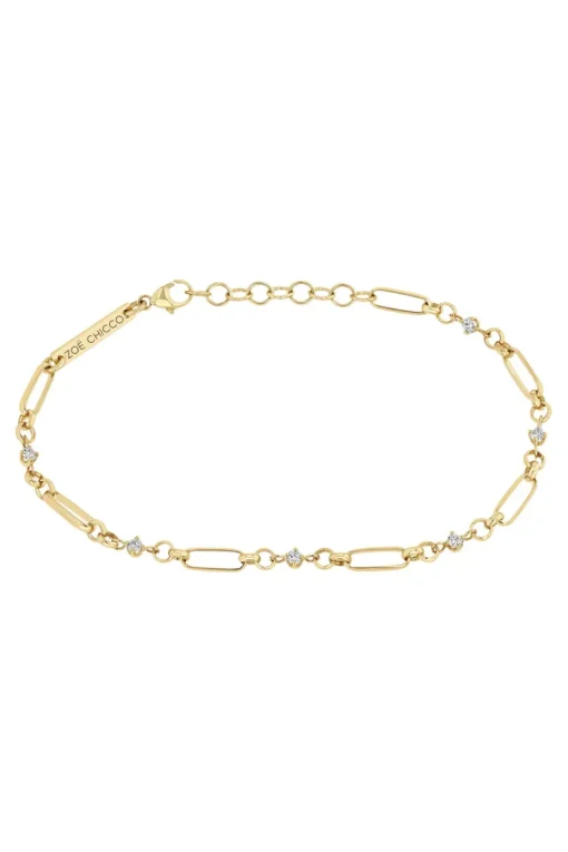 Zoe Chicco Linked Prong Diamond & Medium Paperclip Rolo Chain Bracelet in 14k Yellow Gold