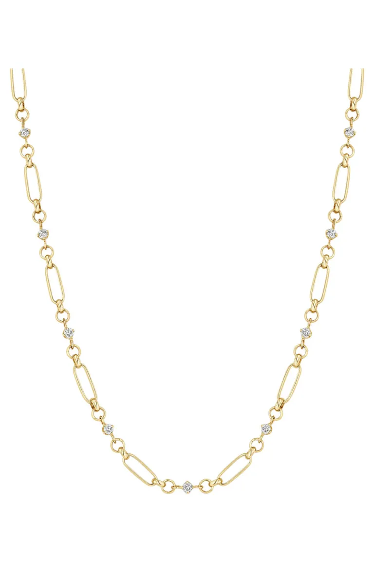 Zoe Chicco Linked Prong Diamond & Medium Paperclip Rolo Chain Necklace in 14k Yellow Gold