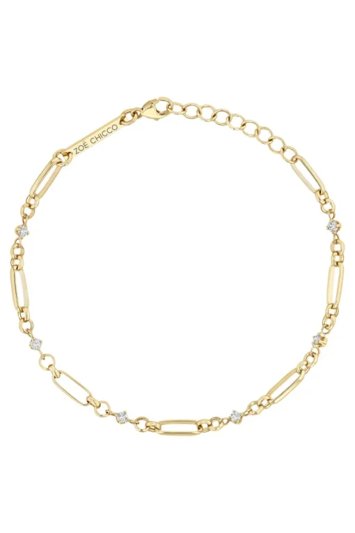 Zoe Chicco Linked Prong Diamond & Medium Paperclip Rolo Chain Bracelet in 14k Yellow Gold