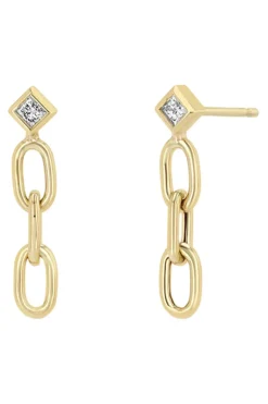 Zoe Chicco Princess Diamond Medium Square Oval Chain Drop Earrings in Yellow Gold